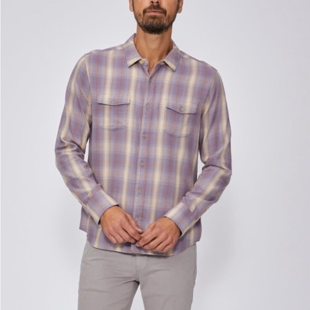 💙 NWT Designer PAIGE Men's Lavender Plaid Button Down Shirt
